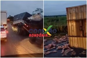 Vídeo – Acidente entre carreta e caminhão carregado com ossos é registrado entre Cacoal e Presidente Médici